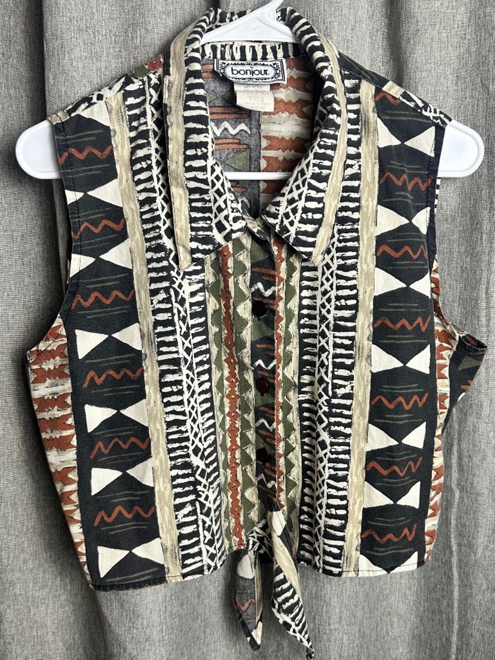 Vintage 90s Bonjour Geometric Aztec Tribal Print Cropped Tie-Front Top Vest
